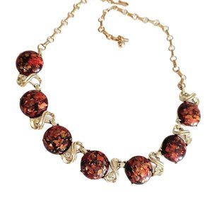 1960s Vintage Brown Confetti Lucite Round Link Necklace With Orange Gold Glitter